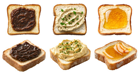 Collection set of spread on bread toast loaf slice, side top view, on transparent cutout, PNG. Many different flavour, Vegemite, hummus hommus, maple honey jelly jam. Mockup template for artwork
