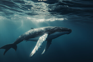 Fototapeta premium A humpback whale swimming in the ocean, underwater photography