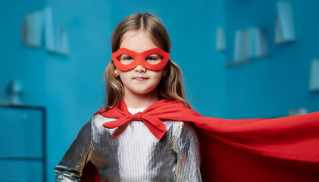 Ni&ntilde;a de pelo rizado valiente y con s&uacute;perpoderes. Vestida de s&uacute;per h&eacute;roe con capa.