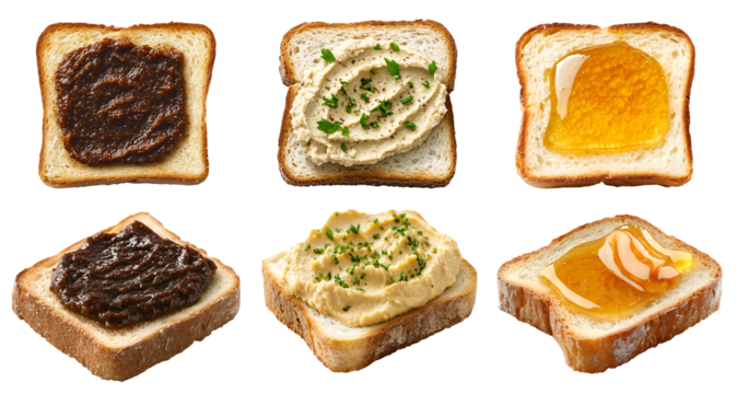 Collection set of spread on bread toast loaf slice, side top view, on transparent cutout, PNG. Many different flavour, Vegemite, hummus hommus, maple honey jelly jam. Mockup template for artwork