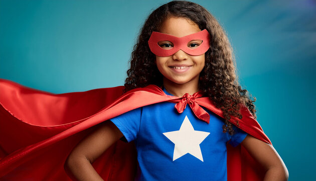 Ni&ntilde;a de pelo rizado valiente y con s&uacute;perpoderes. Vestida de s&uacute;per h&eacute;roe con capa.