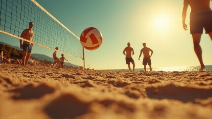 Friends playing volleyball on the beach, sunny day, carefree summer fun and laughter