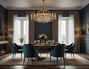 a high-quality 3D render of an elegant dining area, emphasizing sophistication and comfort. Incorporate a stylish dining table, comfortable chairs, and a statement chandelier.
