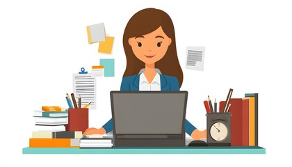 Busy Office Worker at Desk with Laptop and Cluttered Supplies