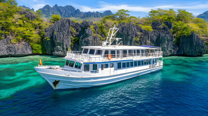Ferry Boat Docked in Tropical Lagoon, turquoise water, clear water, island, tropical island, boat trip