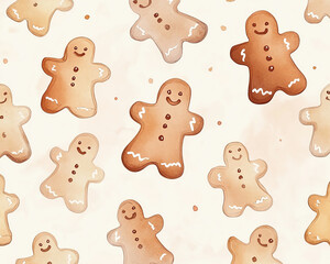 Watercolor gingerbread cookies in simple shapes, scattered over a light pastel background, soft holiday tones, seamless design