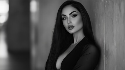 Naklejka premium Sophisticated black and white portrait of an elegant woman with long hair, posed confidently against a textured wall.