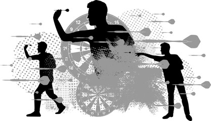 Vektor Silhouetten mit Grunge Texturen - Dart - Sport im Verein - Steeldarts - K&ouml;rper Spieler beim zielen und werfen
