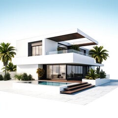 Modern stylish luxury cottage on white background. Minimalist architecture with large panoramic windows. This house has a simple geometric shape. Private villa