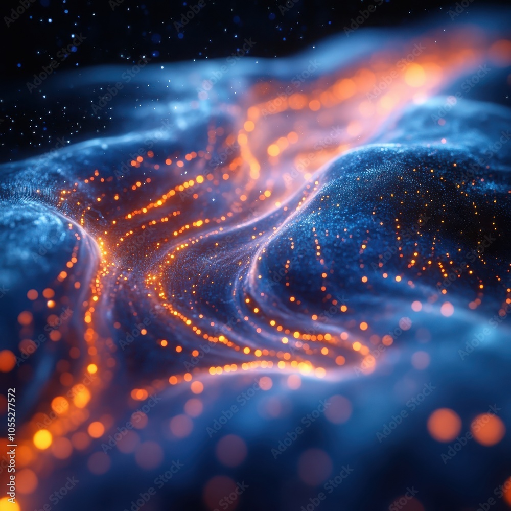 Poster exploring abstract microfluidics visualizing liquid dynamics through scientific innovation and techn