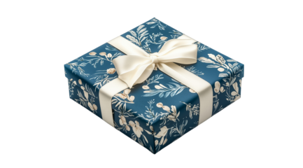 Blue gift box with white bow close up, created with Generative AI technology, PNG