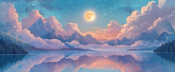 A illustration of mountains and clouds, with the moon shining brightly in the sky, casting its glow over a tranquil lake.