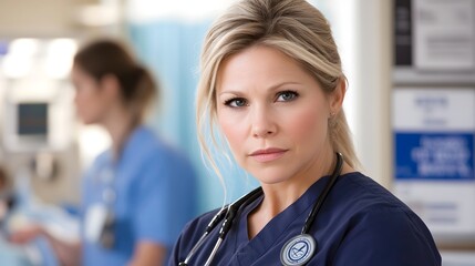 Fototapeta premium A focused nurse in scrubs stands confidently in a hospital, showcasing professionalism amid a healthcare setting.