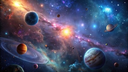 Obraz premium Dark nebula with stars and planets in a deep black background wallpaper, starry night sky, planetary system, nebulae