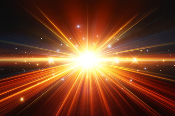 Obraz premium Abstract Bright Sunset background, with Gold lens flare effects, with dynamic divergent lines, radiating from a central point, on a dark background, for overlay or screen filter 