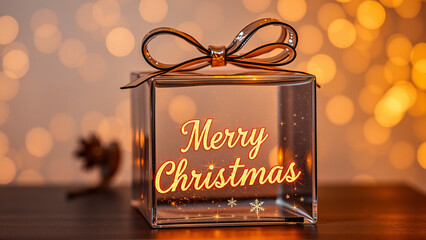 Decorative glass gift box with a bow against a festive bokeh background celebrating Christmas in a cozy indoor setting