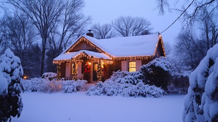 A charming house adorned with festive lights and snow, creating a warm and inviting winter holiday ambiance.