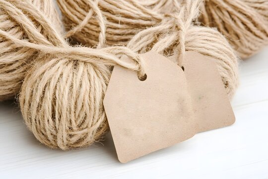 Natural twine balls with blank tags, perfect for crafts, labeling, or DIY projects.