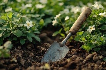 Preparing a garden bed with a trowel amidst blooming flowers in a sunlight-filled garden