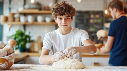 Young boy making bread in a warm, inviting kitchen, showcasing a passion for baking and culinary skills development.