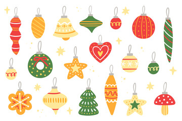 Christmas tree toys. Vector set in flat style. Simple illustrations. Cute New Year elements for design