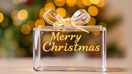 Decorative glass gift box with a bow against a festive bokeh background celebrating Christmas in a cozy indoor setting