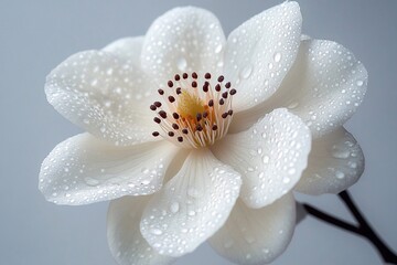 Fototapeta premium A flower with dew drops on its petals on a snow-white background, creating a minimalist look.