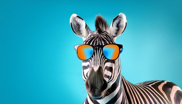 Creative animal concept. Zebra in sunglass shade glasses isolated on solid pastel background