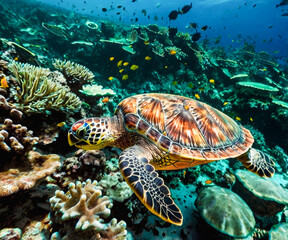 Obraz premium A green sea turtle glides gracefully through the vibrant coral reefs of Raja Ampat, its shell reflecting the rich marine biodiversity of Indonesia's pristine waters.