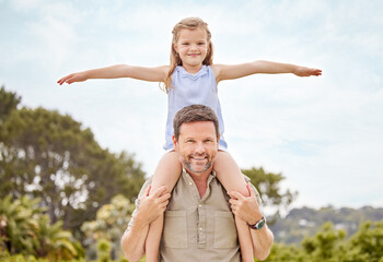Portrait, shoulder carrying and dad with child, outdoor and bonding with daughter, smile or nature. Sky, happy and father with girl, break and parent with kid in environment, park or family in Canada