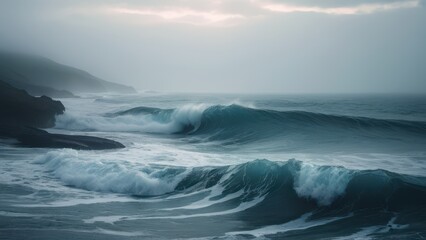 A stunning close-up of a powerful ocean wave, captured in rich shades of blue. The dynamic motion of the water showcases nature's beauty and strength