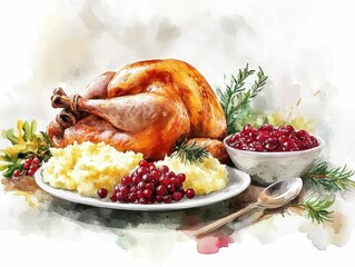 Watercolor painting of a Thanksgiving dinner table featuring a roasted turkey mashed potatoes and cranberry sauce with various other traditional holiday dishes and decorative elements