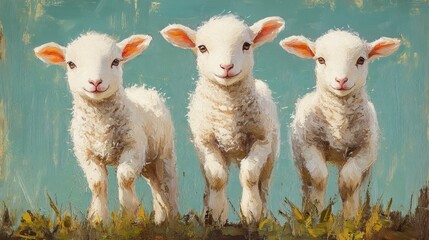 Obraz premium Three White Lambs Standing in a Field with a Blue Sky