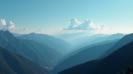 Obraz premium Majestic mountain range under clear blue sky with layered hills and clouds