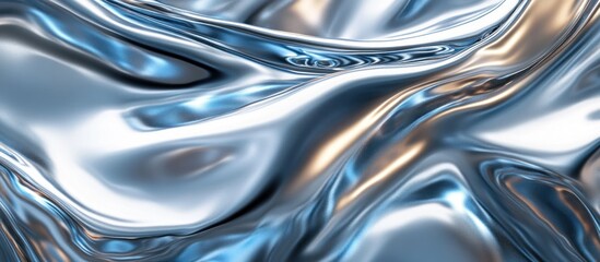 Abstract silver and blue liquid metal flowing in waves.
