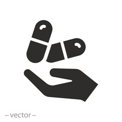 medical drugs treatment, hand with pills icon, flat vector illustration