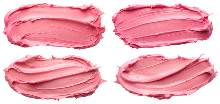 A set of smeared strokes of lipstick, cosmetics or paint isolated on a transparent background. Texture concept of beauty products.