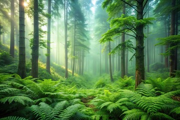 Dreamy misty forest landscape with towering trees and ferns in shades of green, serene atmosphere, mystical ambiance, nature, wildflowers