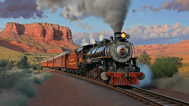 A vintage steam engine train chugs through a desert landscape, its smoke trailing behind it as it journeys through the red rock formations