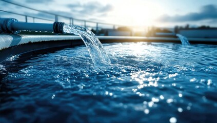 Water treatment tank with wastewater, aeration process in blue color