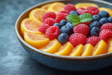 Close-up of sliced fruit in a bowl, with space for text on top.