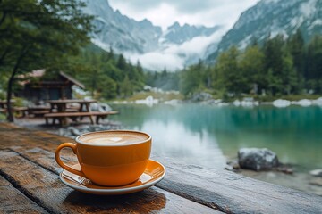 Coffee with a landscape: Capture a cup of coffee against the background of a picturesque landscape, such as a mountain, forest or lake.