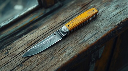 A Folding Knife with a Wooden Handle and a  Metal Blade on a Wooden Surface