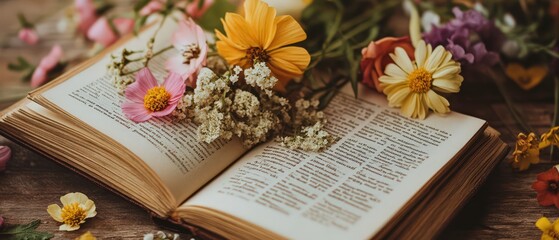 An open book surrounded by colorful flowers on a rustic wooden surface, evoking a sense of tranquility and nature.