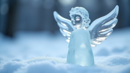 A glass angel with translucent wings and clasped hands stands serenely in a snowy landscape, reflecting the soft winter light.