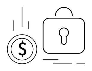 Dollar coin with down arrow next to a lock indicates secure payments and finance security. Ideal for finance, banking, e-commerce, online transactions, cybersecurity, investment, and digital wallets