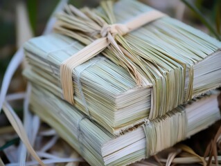 A close-up of neatly stacked bundles of money, tied with rubber bands, resting on a natural background.