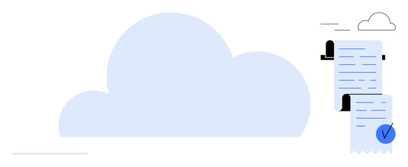 Light blue cloud on the left with a document scroll and checkmark on the right. Ideal for cloud storage, data management, digital documents, task verification, tech solutions. Simplistic and modern