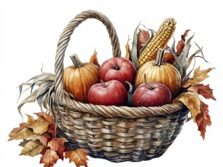 Watercolor painting of a woven basket filled with a bountiful harvest of autumn apples pumpkins and corn set against a clean white background  The vibrant colors and natural textures create a warm