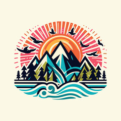Retro Nature Landscape Logo with Sunrise and Mountains